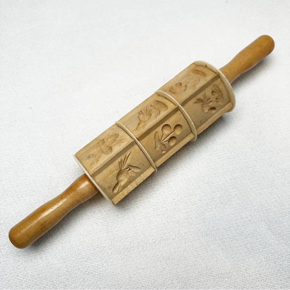 Vintage wooden carved Springerle mold cookie cutter rolling pin
